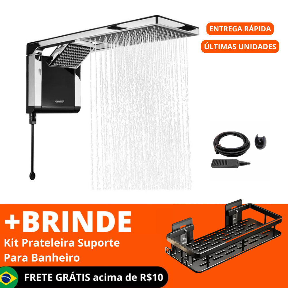Chuveiro Lorenzetti Acqua Duo Preto e Cromo 7800w 110/220v + BRINDE Kit Prateleira Suporte Para Banheiro