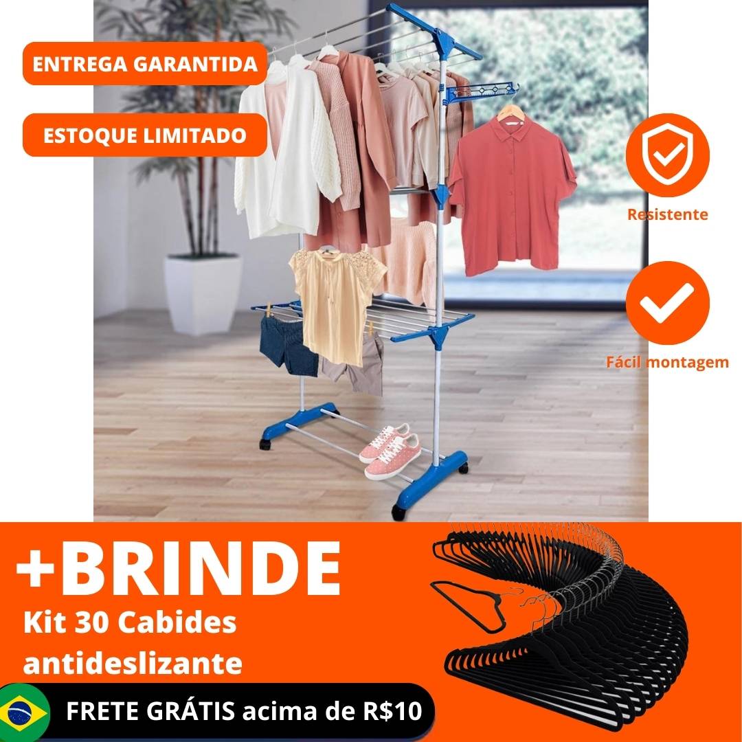 Varal de Chão Roupa Grade 3 Andares Dobrável Portátil + Brinde 30 Cabides antideslizante